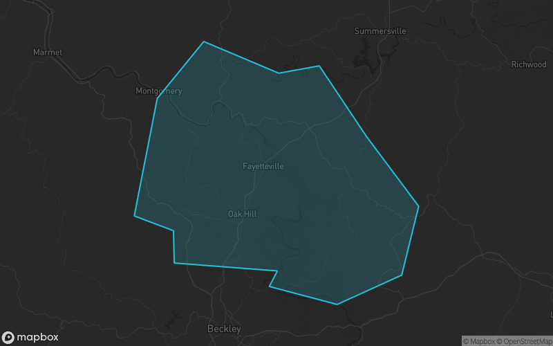 Map of Fayette County, West Virginia showing the county boundary and surrounding cities