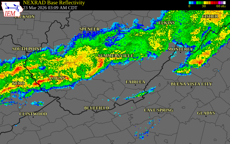 NEXRAD radar during the Monday, March 23, 2026 storm activity in Fayette County, West Virginia