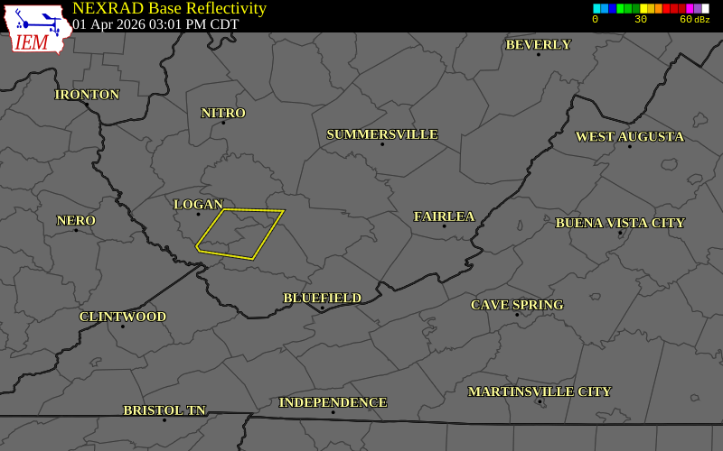 NEXRAD radar during the Wednesday, April 1, 2026 storm activity in Fayette County, West Virginia
