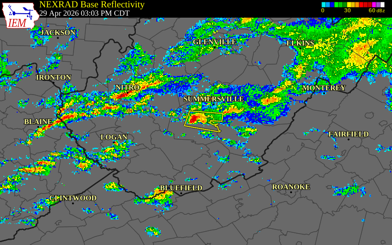 NEXRAD radar during the Wednesday, April 29, 2026 storm activity in Fayette County, West Virginia