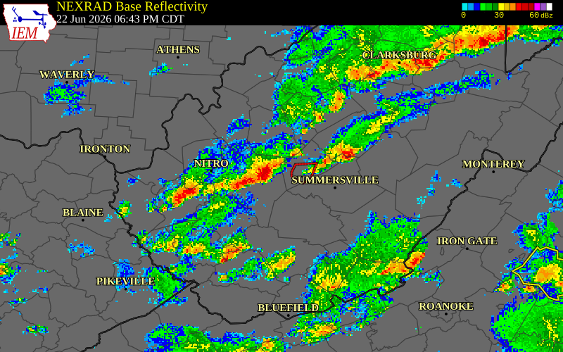 NEXRAD radar during the Monday, June 22, 2026 storm activity in Fayette County, West Virginia