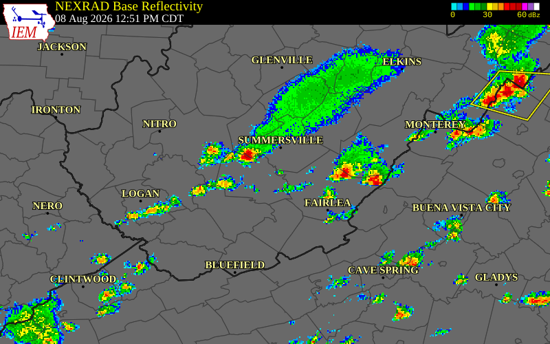 NEXRAD radar during the Saturday, August 8, 2026 storm activity in Fayette County, West Virginia