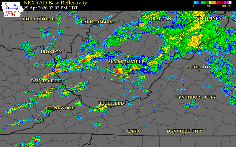 Radar snapshot during the Apr 29, 2026 tornado event near 3 NE Fayetteville, Fayette County, West Virginia, with NWS warning polygons