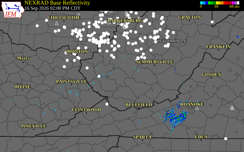 Current NEXRAD radar over Fayette County, West Virginia with recent storm report locations