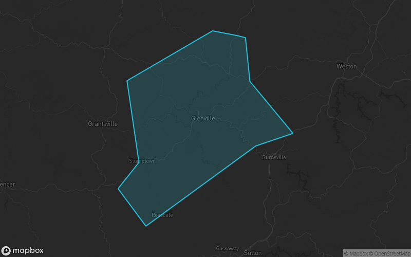 Map of Gilmer County, West Virginia showing the county boundary and surrounding cities
