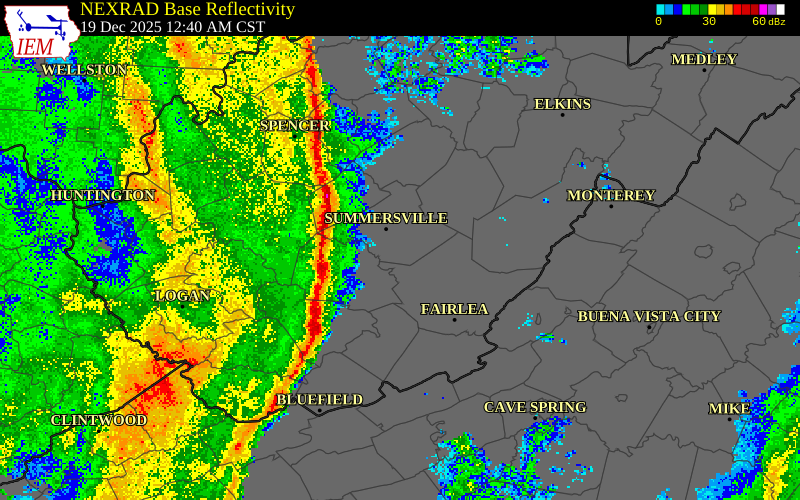 NEXRAD radar during the Friday, December 19, 2025 storm activity in Gilmer County, West Virginia