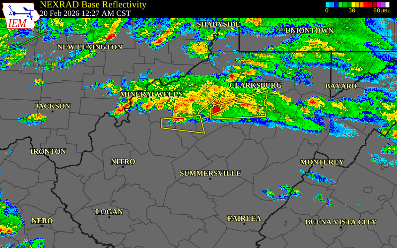 NEXRAD radar during the Friday, February 20, 2026 storm activity in Gilmer County, West Virginia