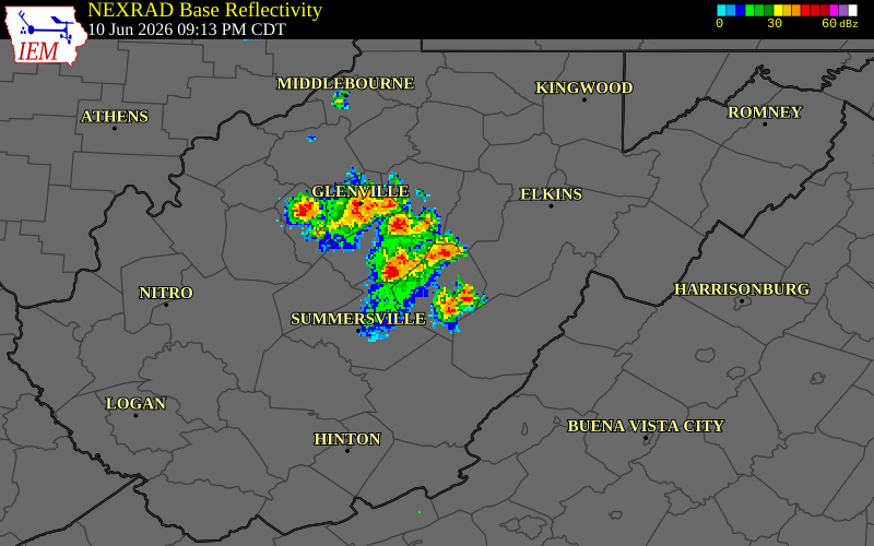 NEXRAD radar during the Wednesday, June 10, 2026 storm activity in Gilmer County, West Virginia