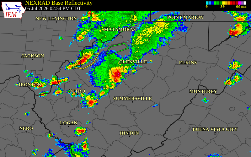 NEXRAD radar during the Sunday, July 5, 2026 storm activity in Gilmer County, West Virginia