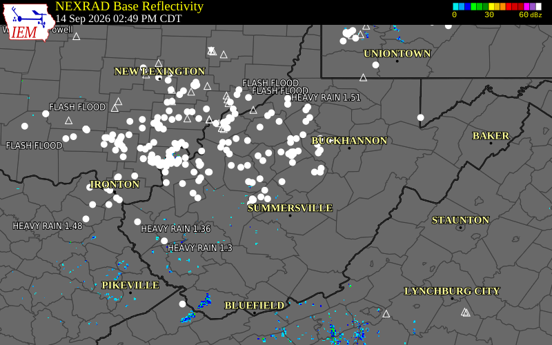 Current NEXRAD radar over Gilmer County, West Virginia with recent storm report locations
