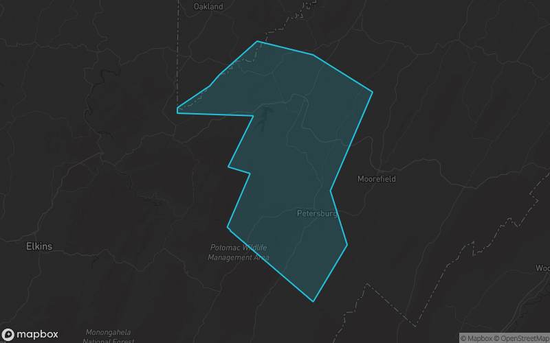 Map of Grant County, West Virginia showing the county boundary and surrounding cities