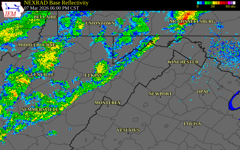 NEXRAD radar during the Saturday, March 7, 2026 storm activity in Grant County, West Virginia