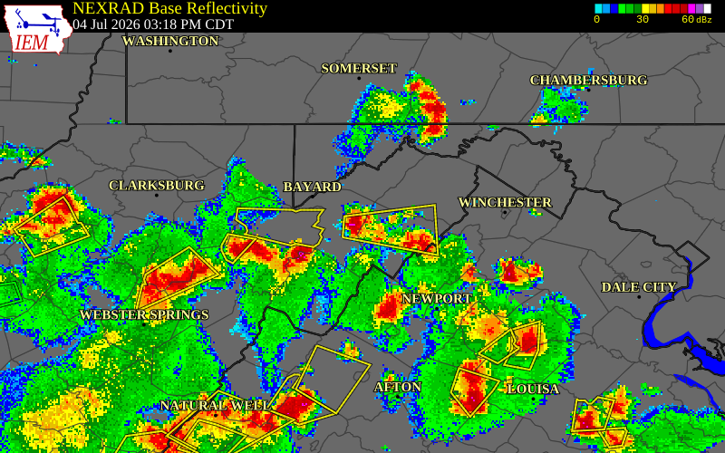 NEXRAD radar during the Saturday, July 4, 2026 storm activity in Grant County, West Virginia