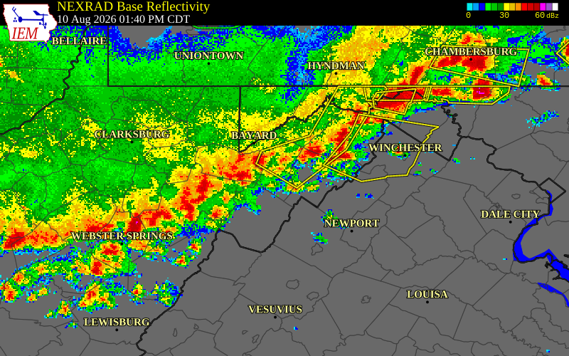 NEXRAD radar during the Monday, August 10, 2026 storm activity in Grant County, West Virginia
