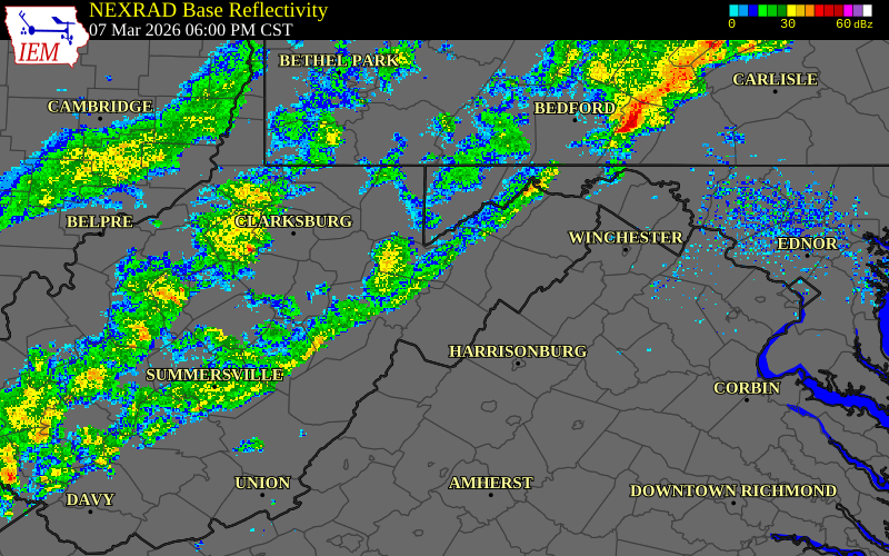 Radar snapshot during the Mar 7, 2026 wind event near Grant County, Grant County, West Virginia, with NWS warning polygons