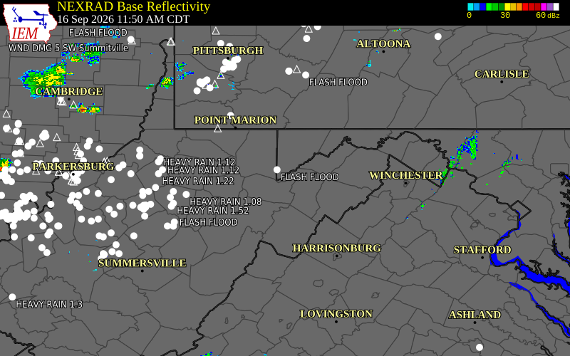 Current NEXRAD radar over Grant County, West Virginia with recent storm report locations