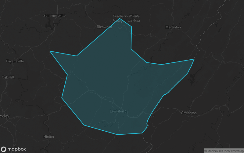 Map of Greenbrier County, West Virginia showing the county boundary and surrounding cities