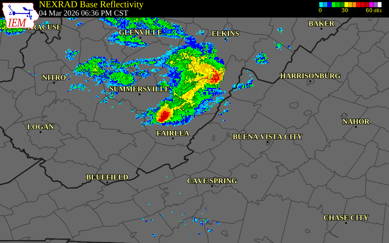 NEXRAD radar during the Wednesday, March 4, 2026 storm activity in Greenbrier County, West Virginia