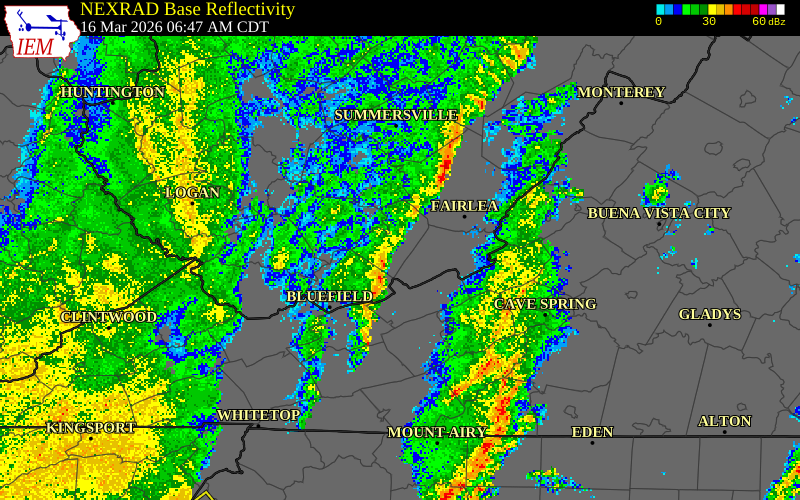 NEXRAD radar during the Monday, March 16, 2026 storm activity in Greenbrier County, West Virginia