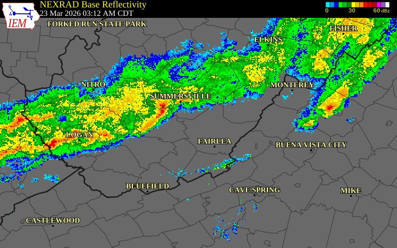 NEXRAD radar during the Monday, March 23, 2026 storm activity in Greenbrier County, West Virginia
