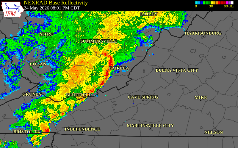 NEXRAD radar during the Sunday, May 24, 2026 storm activity in Greenbrier County, West Virginia
