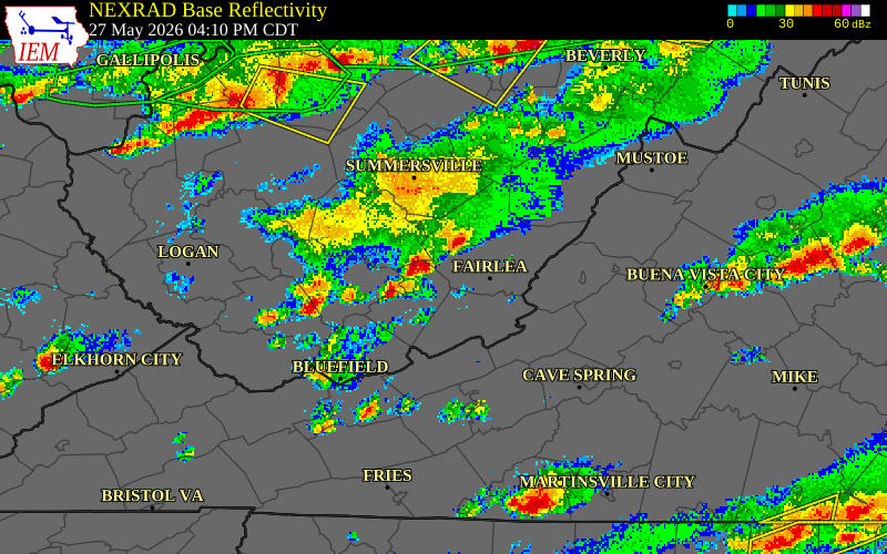 NEXRAD radar during the Wednesday, May 27, 2026 storm activity in Greenbrier County, West Virginia