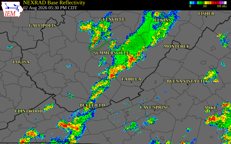 NEXRAD radar during the Sunday, August 2, 2026 storm activity in Greenbrier County, West Virginia