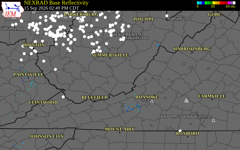 Current NEXRAD radar over Greenbrier County, West Virginia with recent storm report locations