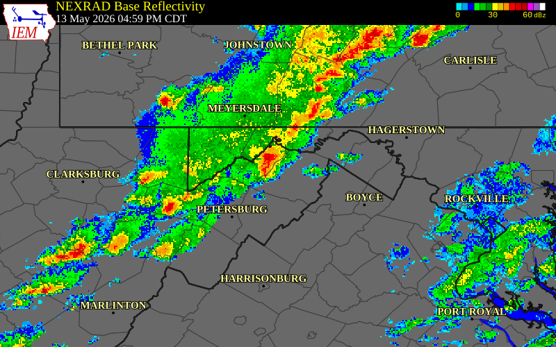 NEXRAD radar during the Wednesday, May 13, 2026 storm activity in Hampshire County, West Virginia