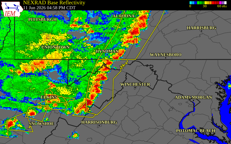 NEXRAD radar during the Thursday, June 11, 2026 storm activity in Hampshire County, West Virginia