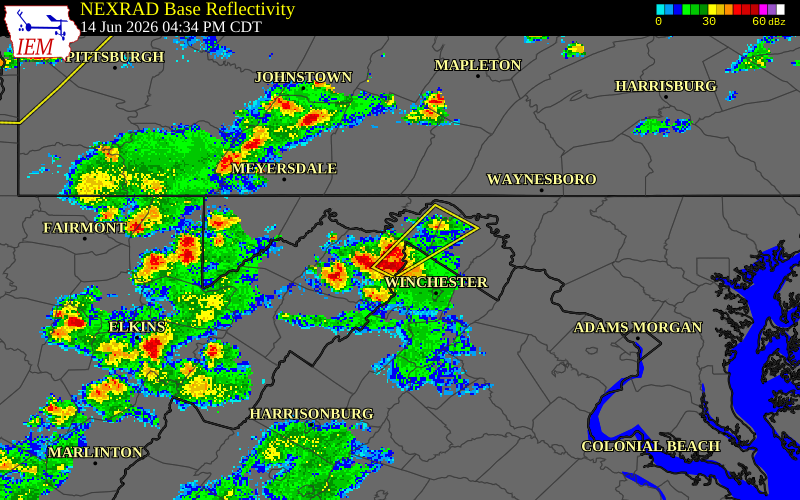 NEXRAD radar during the Sunday, June 14, 2026 storm activity in Hampshire County, West Virginia