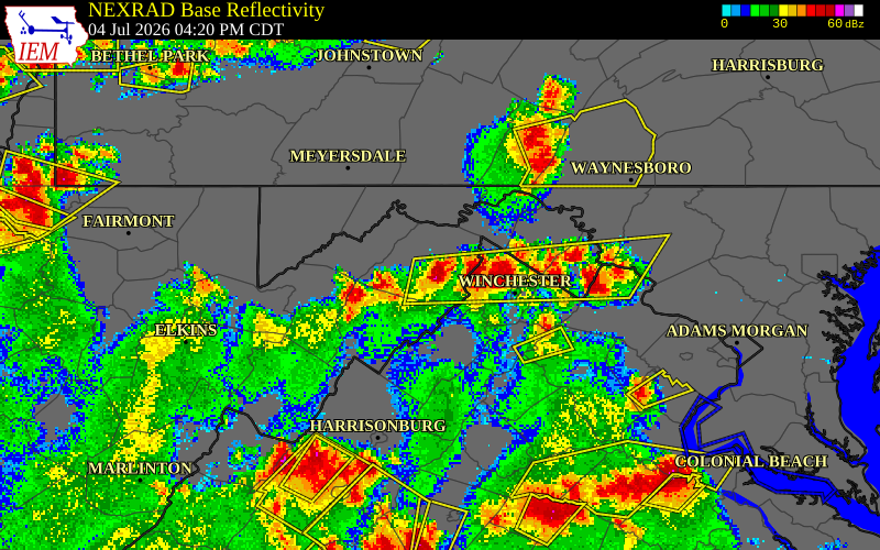 NEXRAD radar during the Saturday, July 4, 2026 storm activity in Hampshire County, West Virginia
