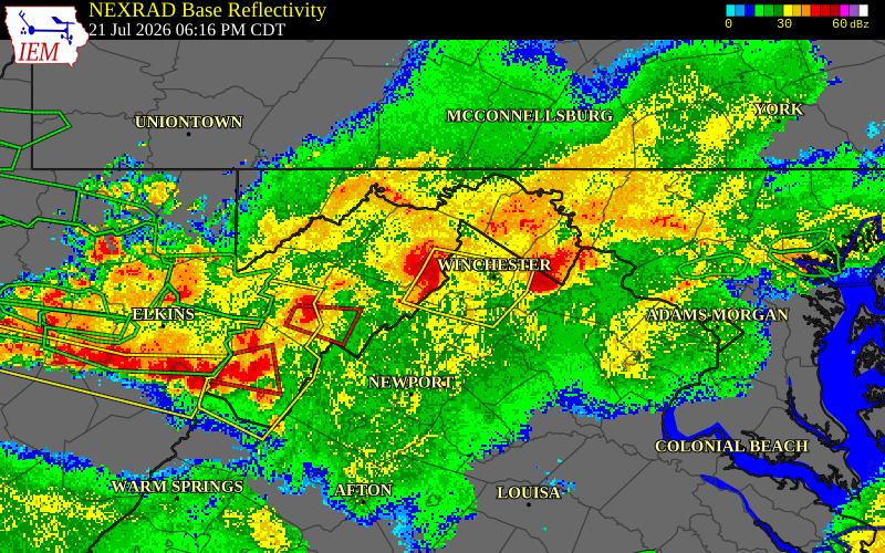 NEXRAD radar during the Tuesday, July 21, 2026 storm activity in Hampshire County, West Virginia