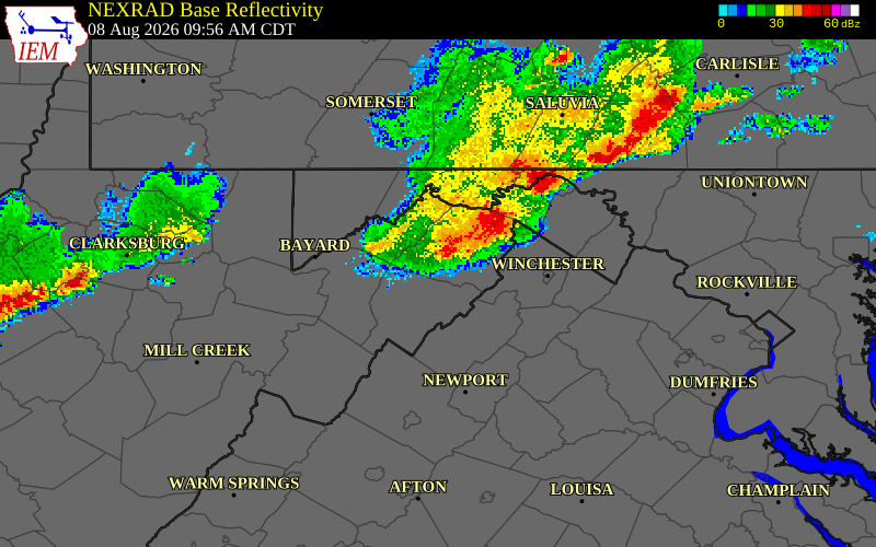 NEXRAD radar during the Saturday, August 8, 2026 storm activity in Hampshire County, West Virginia