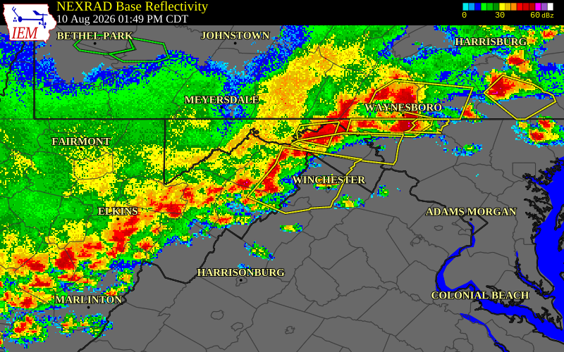 NEXRAD radar during the Monday, August 10, 2026 storm activity in Hampshire County, West Virginia