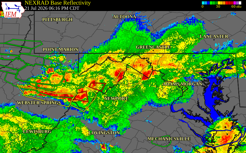 Radar snapshot during the Jul 21, 2026 tornado event near 2 S Lehew, Hampshire County, West Virginia, with NWS warning polygons