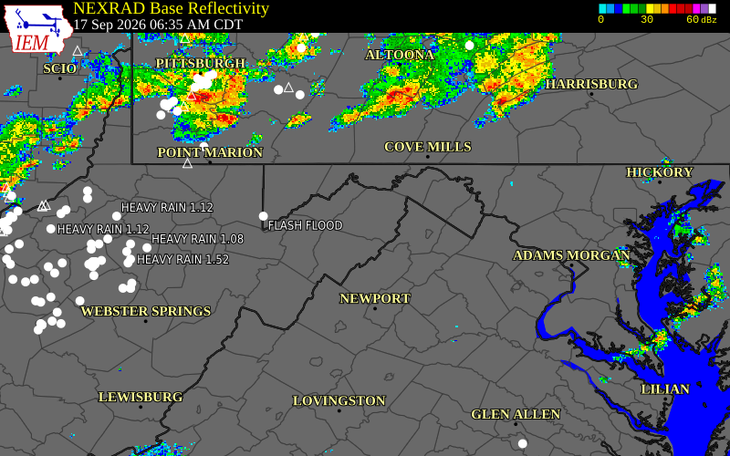 Current NEXRAD radar over Hampshire County, West Virginia with recent storm report locations