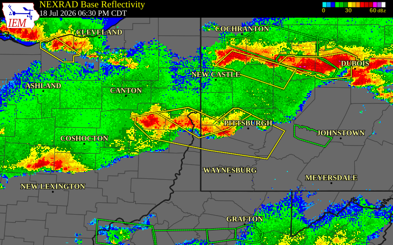 NEXRAD radar during the Saturday, July 18, 2026 storm activity in Hancock County, West Virginia