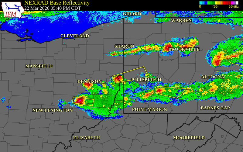 Radar snapshot during the Mar 22, 2026 hail event near Chester, Hancock County, West Virginia, with NWS warning polygons
