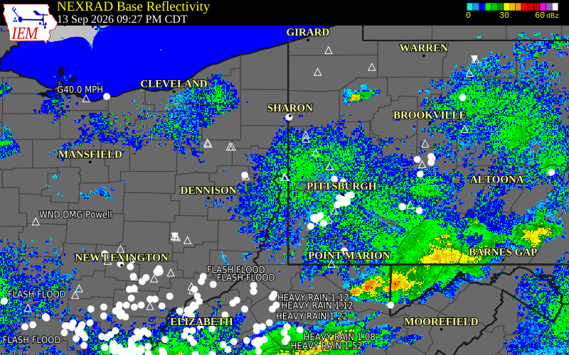Current NEXRAD radar over Hancock County, West Virginia with recent storm report locations