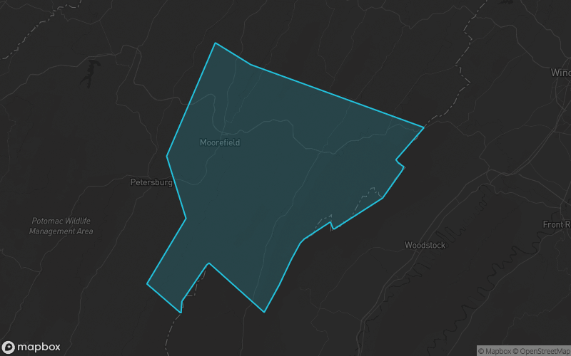 Map of Hardy County, West Virginia showing the county boundary and surrounding cities