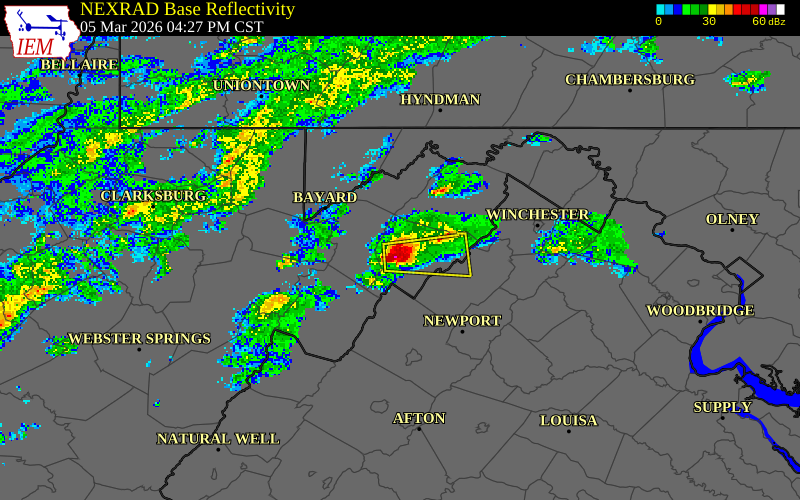 NEXRAD radar during the Thursday, March 5, 2026 storm activity in Hardy County, West Virginia
