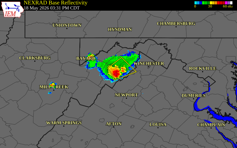 NEXRAD radar during the Monday, May 18, 2026 storm activity in Hardy County, West Virginia