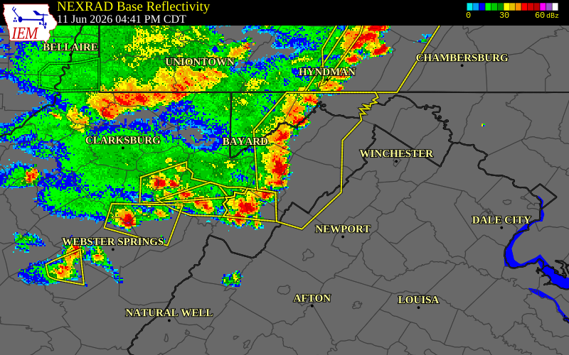 NEXRAD radar during the Thursday, June 11, 2026 storm activity in Hardy County, West Virginia