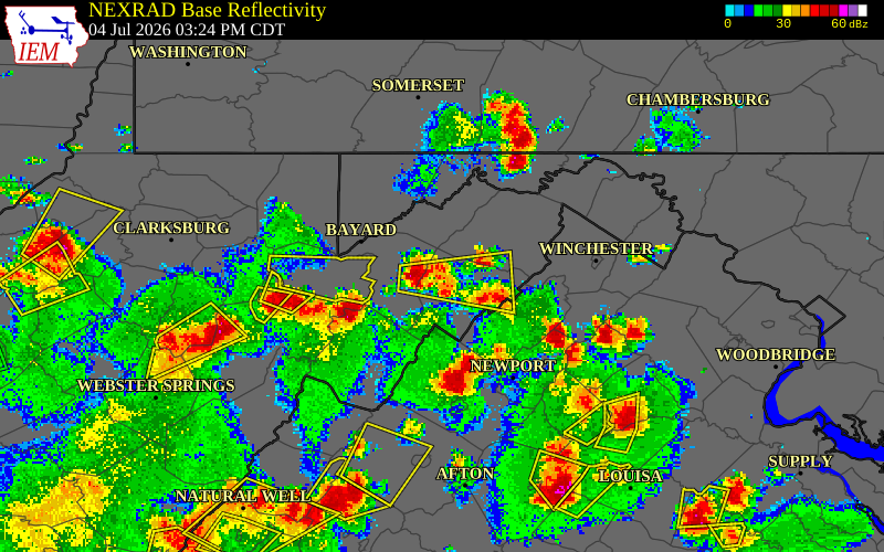 NEXRAD radar during the Saturday, July 4, 2026 storm activity in Hardy County, West Virginia