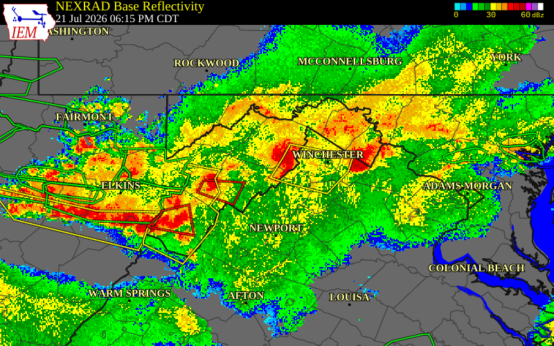 NEXRAD radar during the Tuesday, July 21, 2026 storm activity in Hardy County, West Virginia