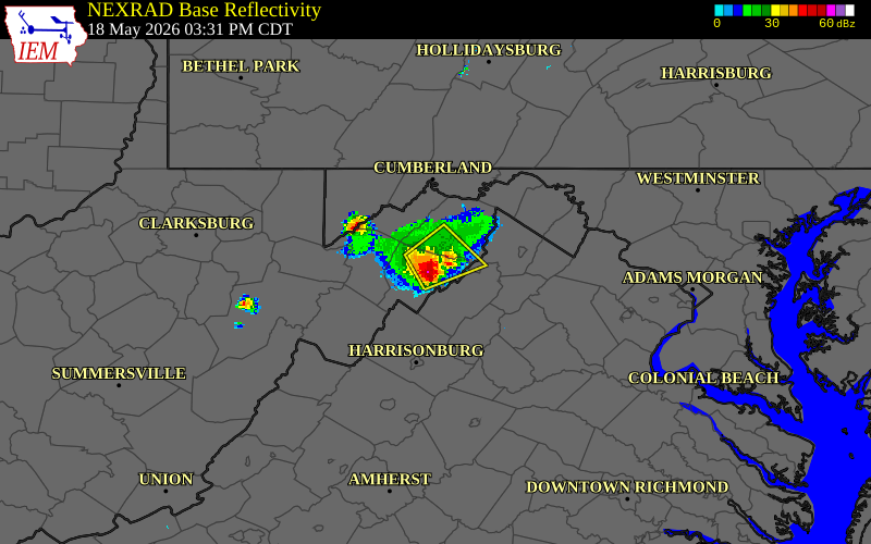 Radar snapshot during the May 18, 2026 hail event near Baker, Hardy County, West Virginia, with NWS warning polygons