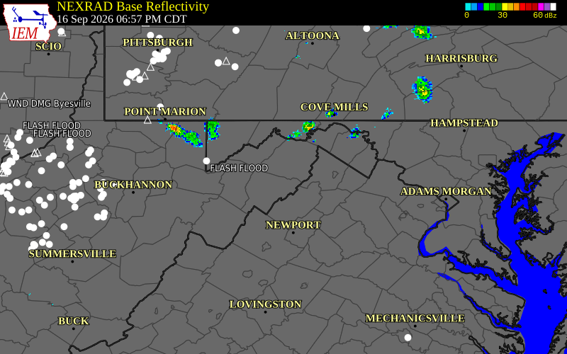 Current NEXRAD radar over Hardy County, West Virginia with recent storm report locations