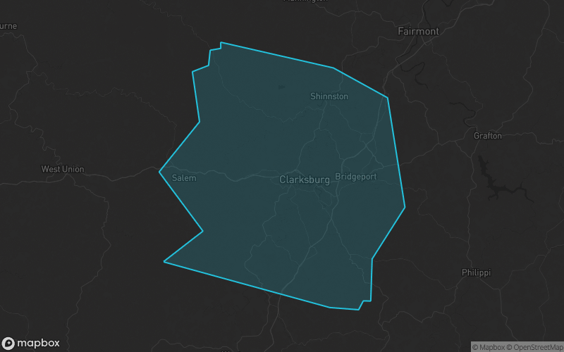 Map of Harrison County, West Virginia showing the county boundary and surrounding cities