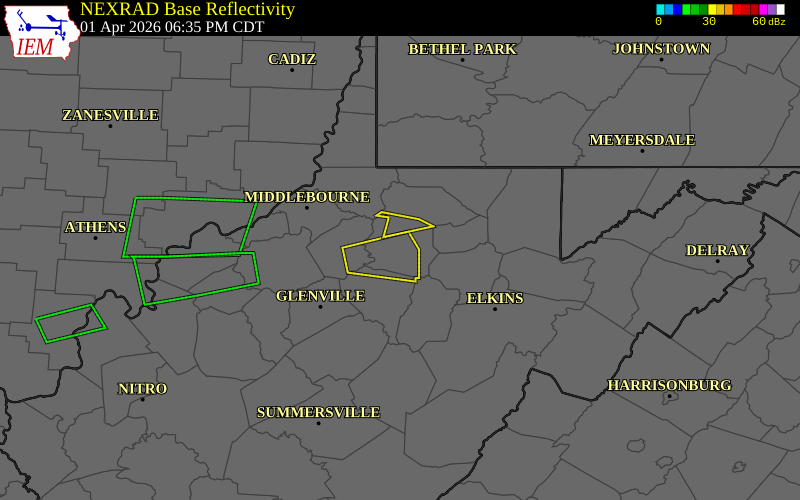 NEXRAD radar during the Wednesday, April 1, 2026 storm activity in Harrison County, West Virginia